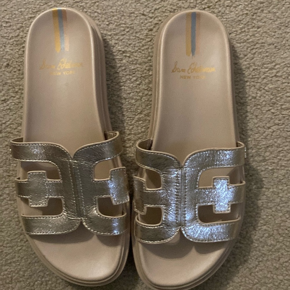 Leather upper, metallic gold sandals, worn once